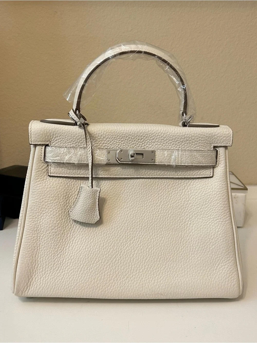 28cm Silver on Cream Top Handle Leather Satchel KL Style